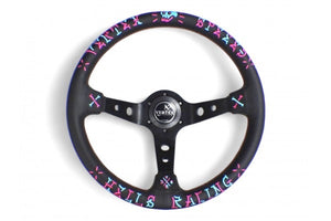 VERTEX SPEED STEERING WHEEL-PINK/BLUE PERFORATED LEATHER 350MM x 90MM DEEP
